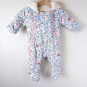 Baby Boden Pram Suit Kids 0-3M White Woodland Fairytale Floral Hooded One-Piece